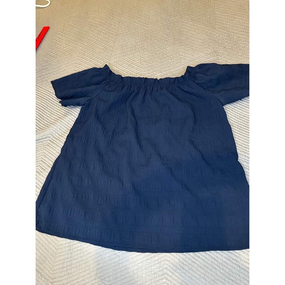 SHEIN Navy Blue Off The Shoulder Crinkle Texture Short Sleeve Blouse Size M
